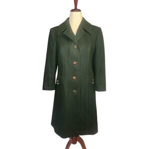 Vintage Loden Green 100% Wool Midi Overcoat Size L (23) – Classic Winter Coat